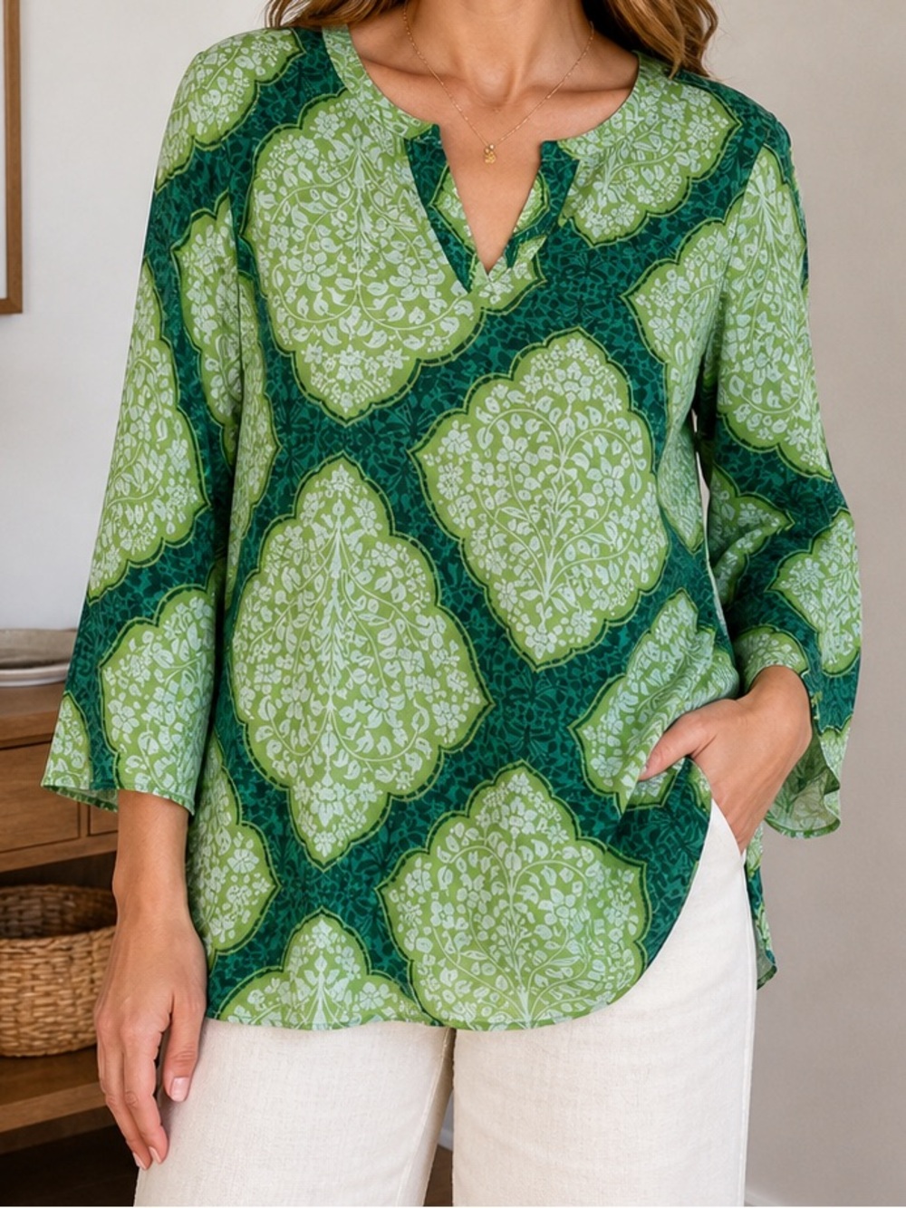 Lawrence Zarian Green Medallion Tunic Blouse Top Large Boho Coastal Chic